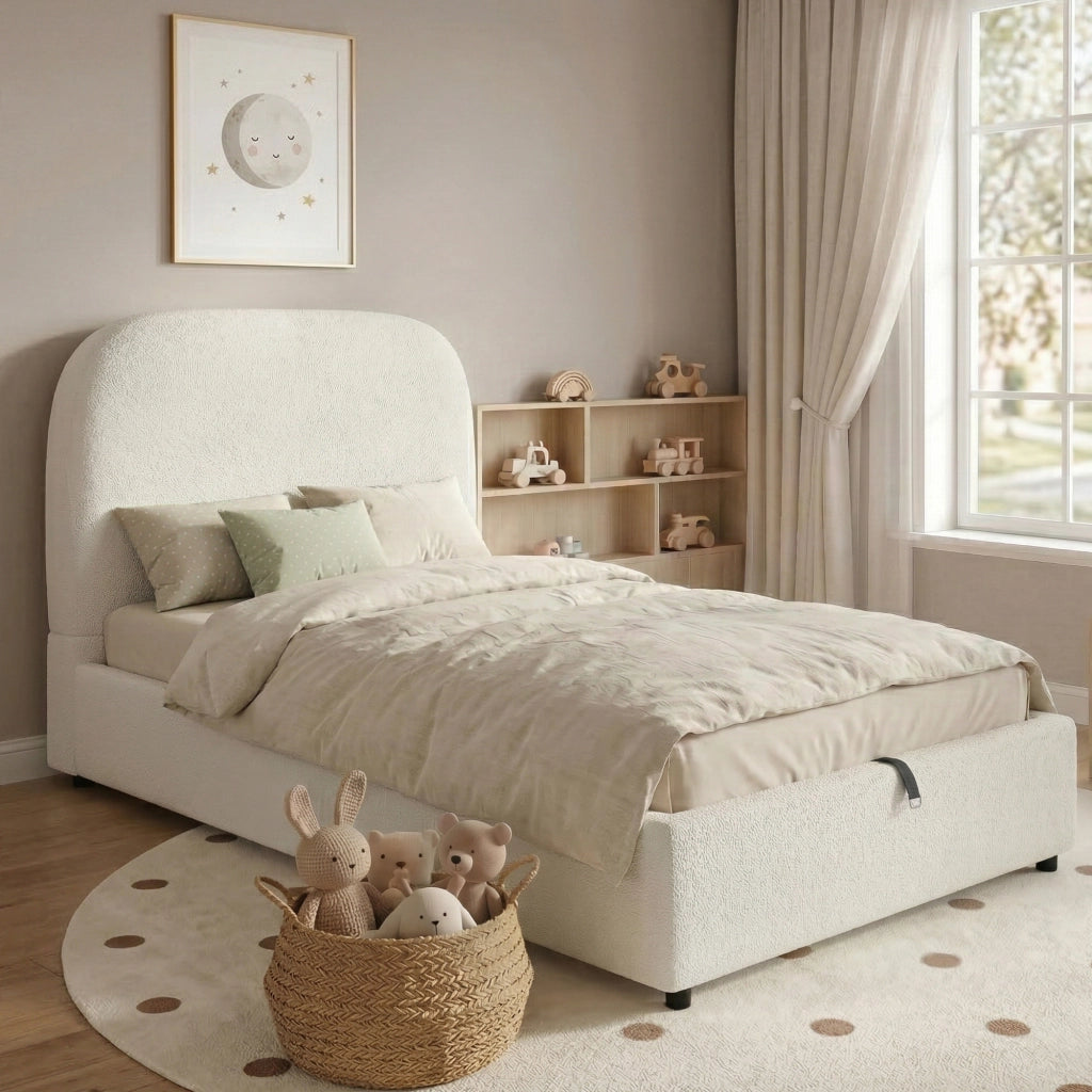 letto imbottito bouclé beige 90 x 200 cm