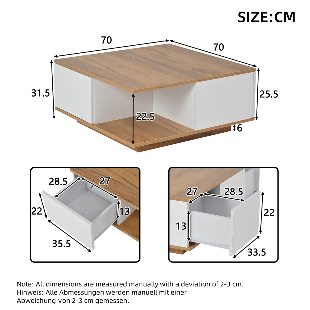 Tavolino basso quadrato con 3 cassetti e vano aperto in truciolare bianco e legno per soggiorno 70 × 70 × 31,5 cm