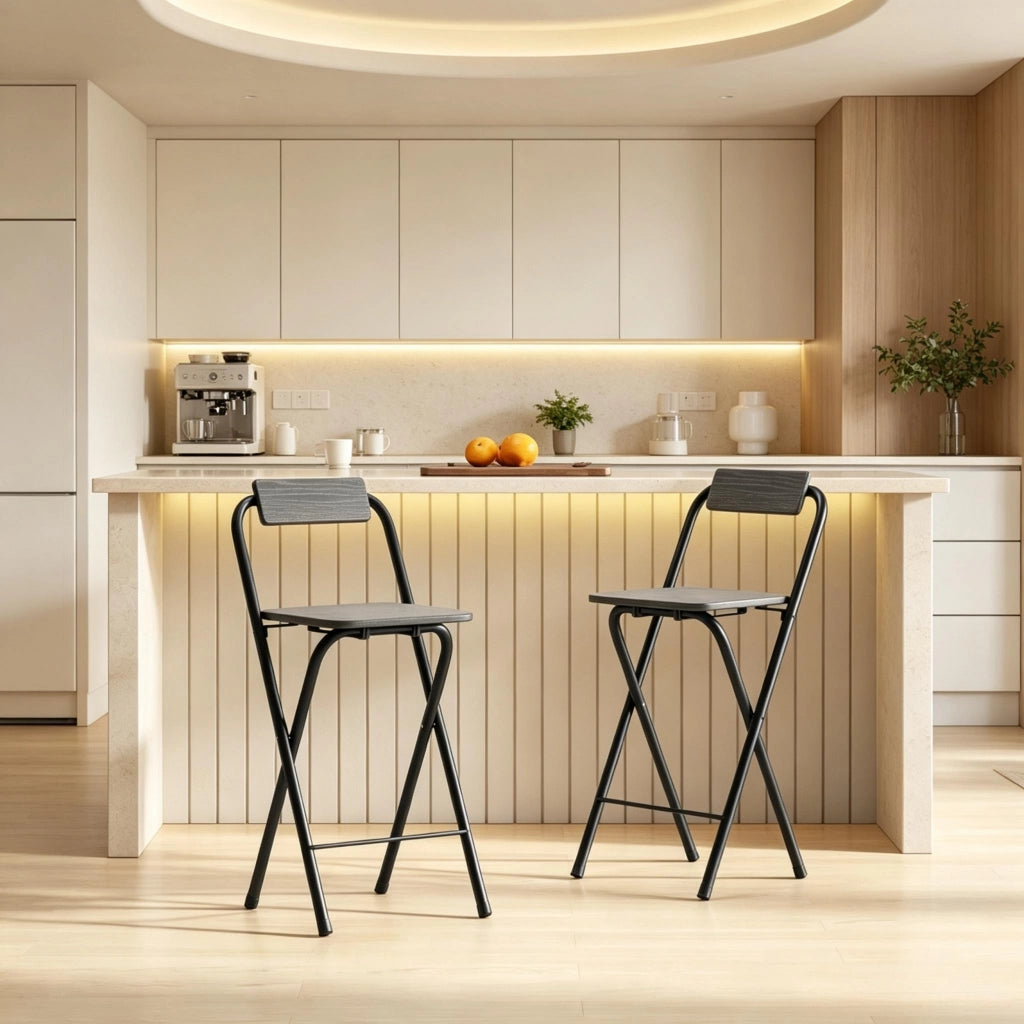 Sgabello da bar pieghevole 2 pezzi con schienale e poggiapiedi in acciaio e MDF nero per tavoli 89–99 cm