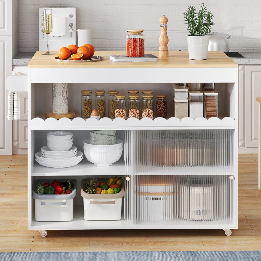 Carrello da cucina con piano pieghevole; ante scorrevoli in vetro temperato e ruote bianco naturale 122 × 46(69) × 91 cm