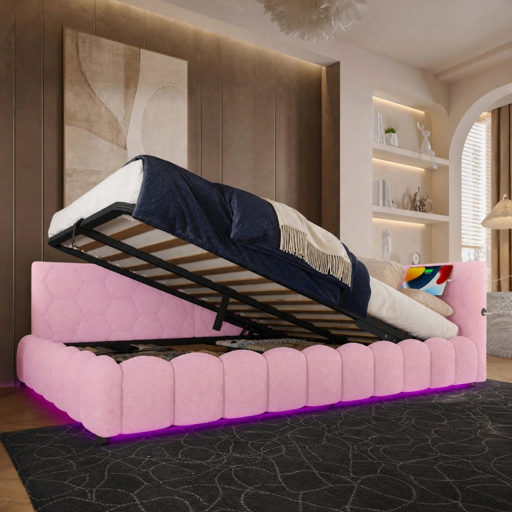 Daybed 140x200 cm rosa con contenitore idraulico, LED, USB e Type-C
