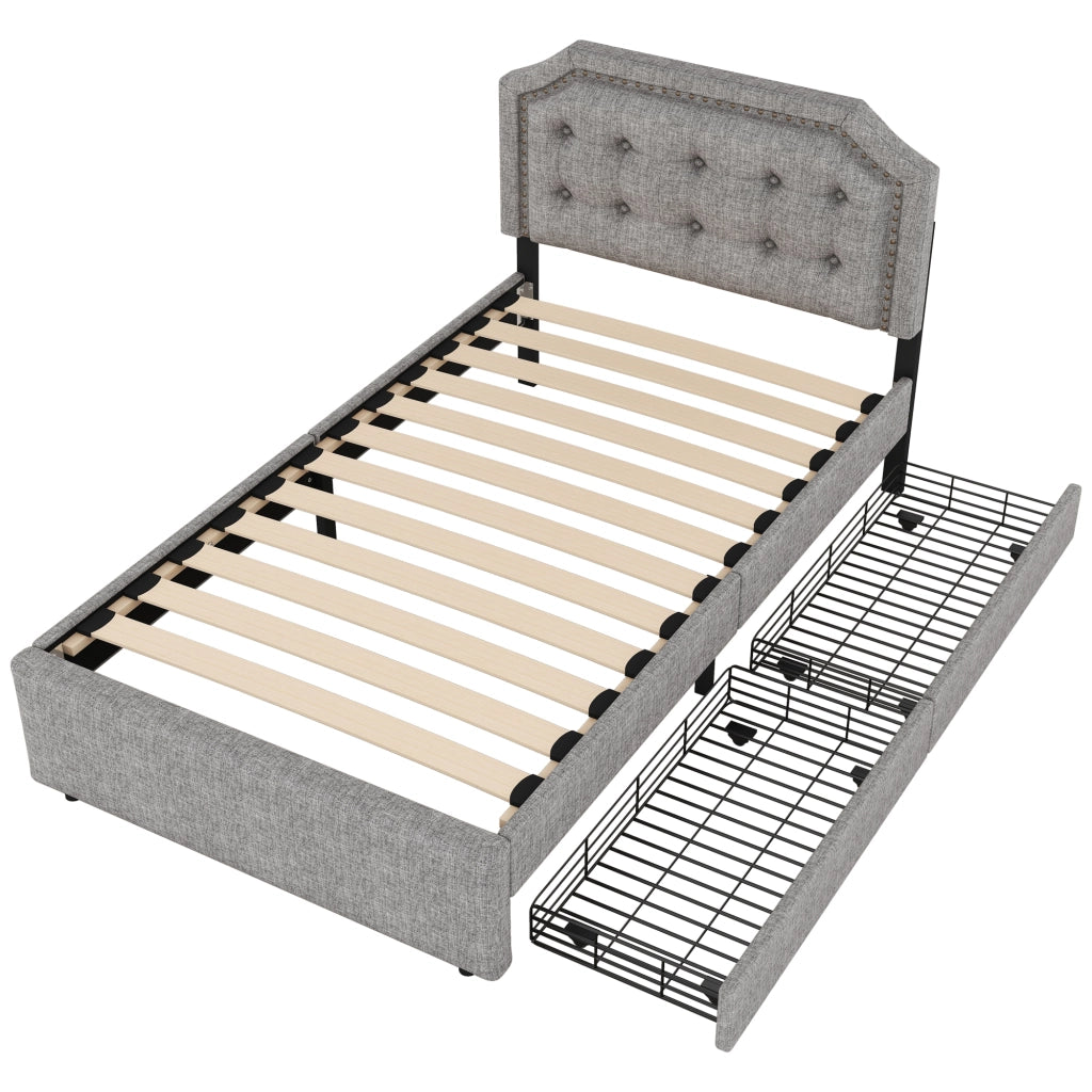 LETTO imbottito 90x200 cm Grigio con 2 cassetti