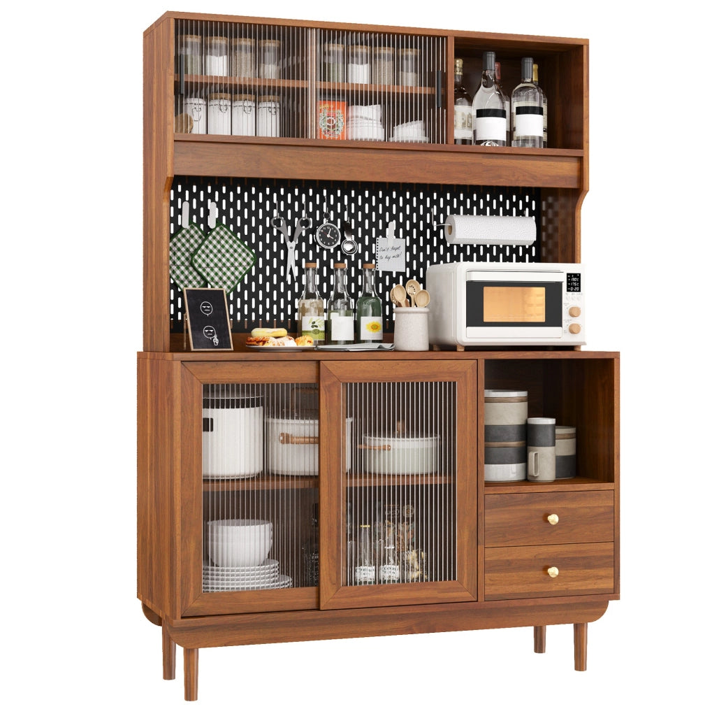 Credenza da cucina 117x30x170 cm con ante scorrevoli in vetro rigato e cassetti noce HAVRYA