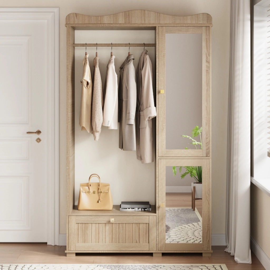 Guardaroba con specchio integrato e appendiabiti aperto in MDF color quercia, 115,5x38,5x194,5 cm