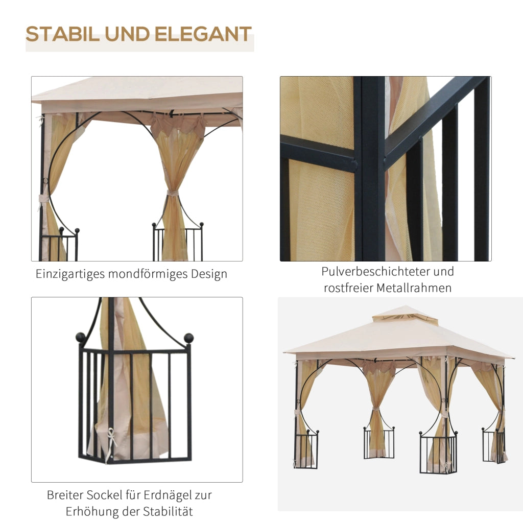 Gazebo da giardino con doppio tetto idrorepellente e zanzariere beige 295 × 295 × 275 cm per feste all'aperto