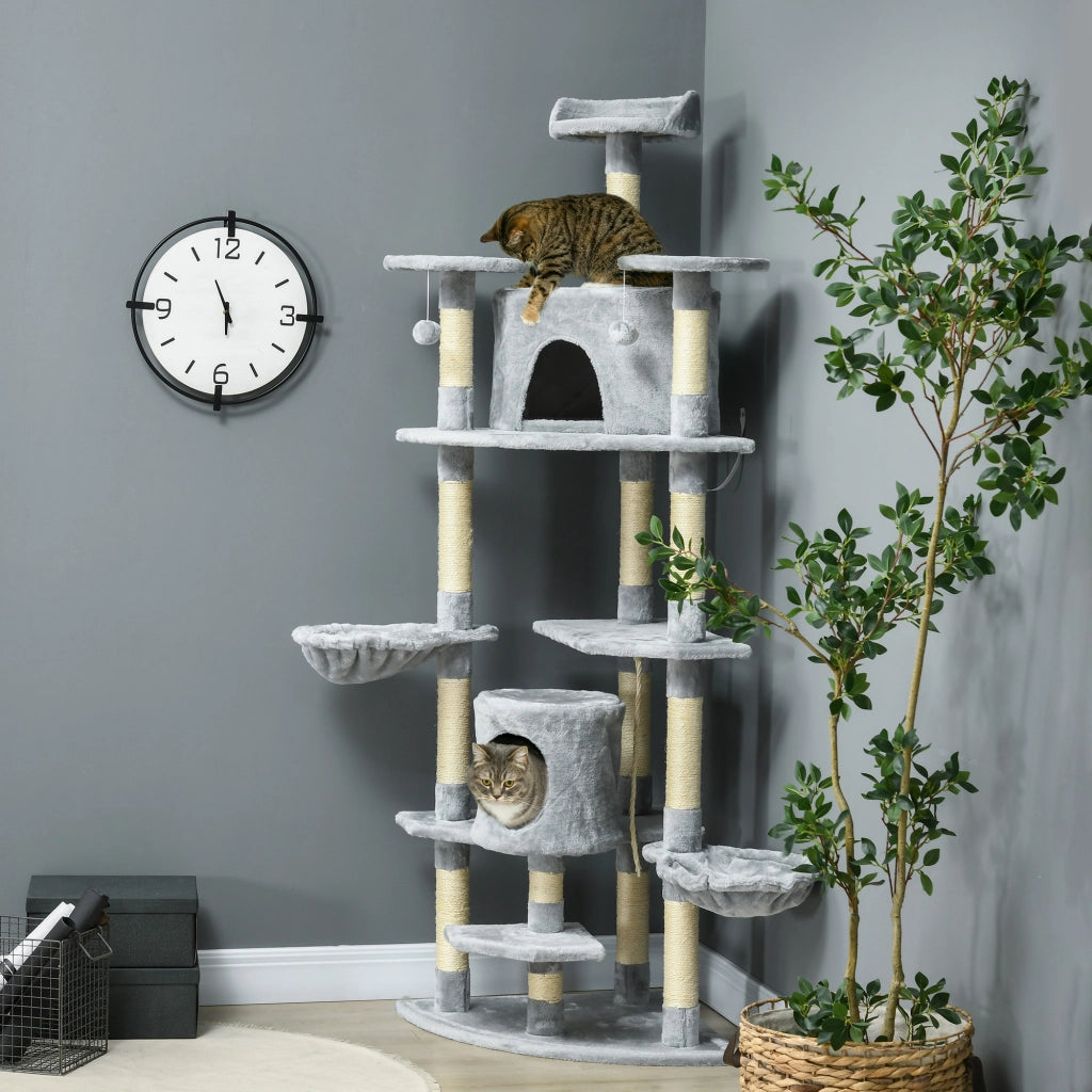 Albero Tiragraffi per Gatti Alto con Casette e Amache, 60x60x200cm, Grigio Chiaro