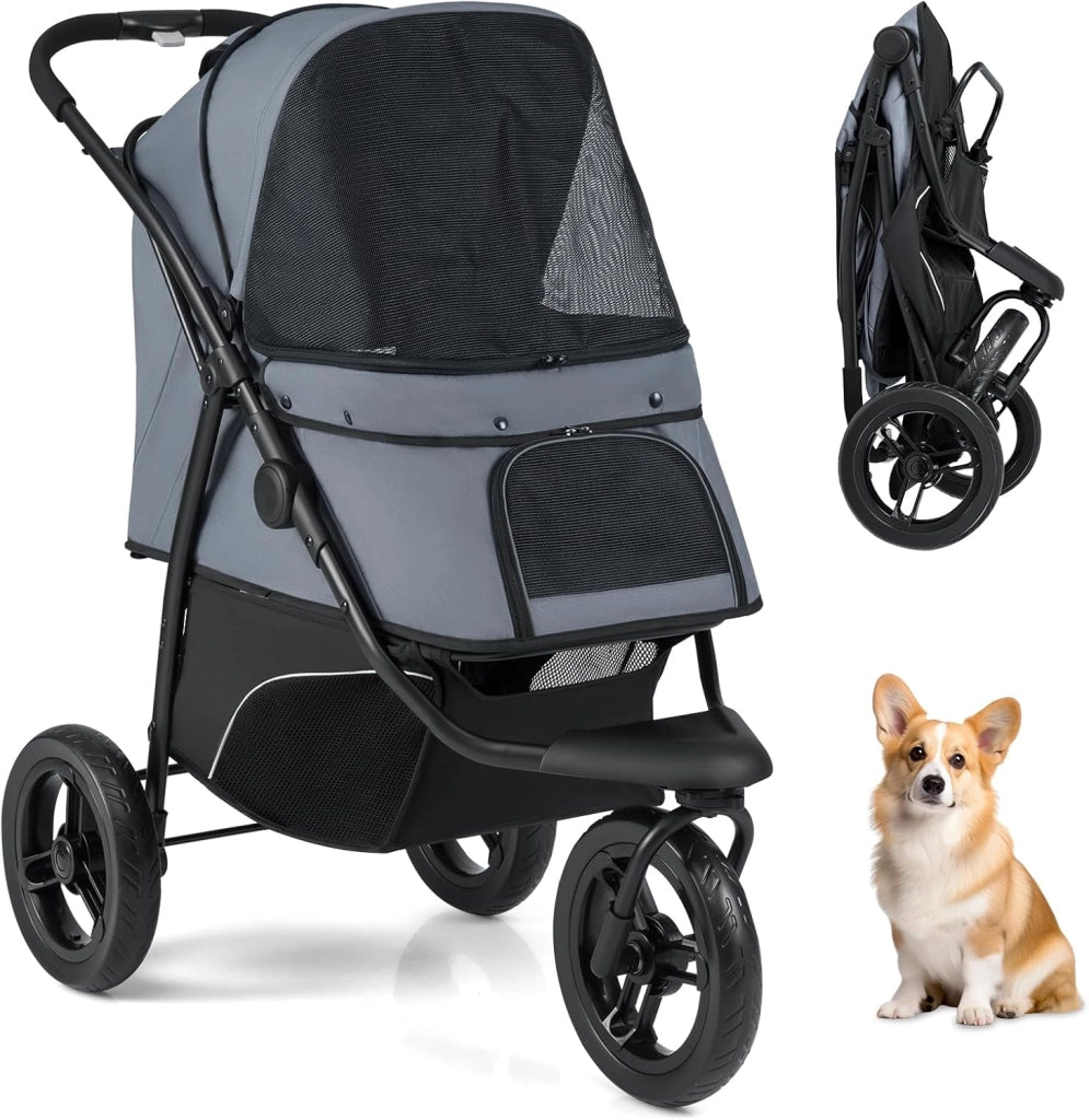 Passeggino a 3 Ruote per Cani Piccoli e Medi, Passeggino Pieghevole per Gatti con Freno a Pedale Singolo, Tenda Regolabile, Cestino, Cuscino e Guinzaglio di Sicurezza, Portata 25 Kg (Grigio)