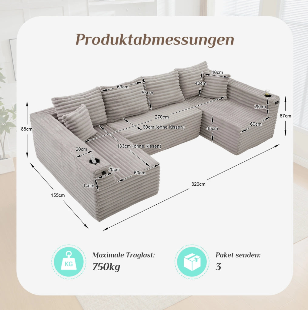 Divano modulare a U in corduroy grigio chiaro 320x155x88 cm; con portabicchieri e tasca laterale