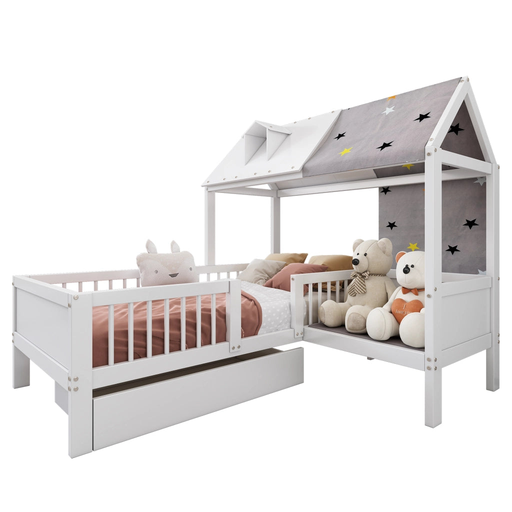 Letto singolo a casetta per bambini 90x200 cm con cassetti; legno massello e MDF bianco