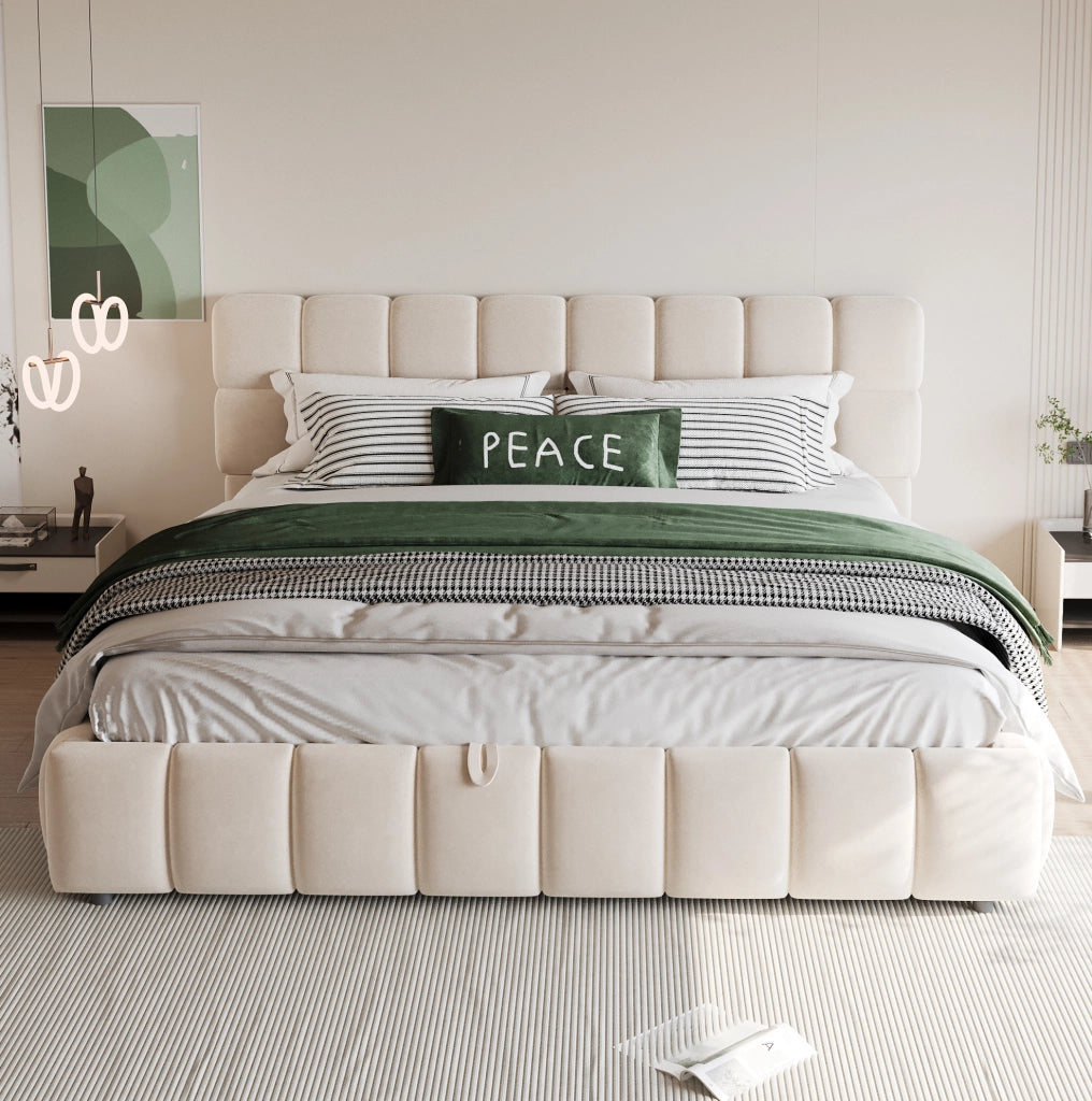 Letto matrimoniale imbottito 140x190 cm in velluto beige con contenitore idraulico