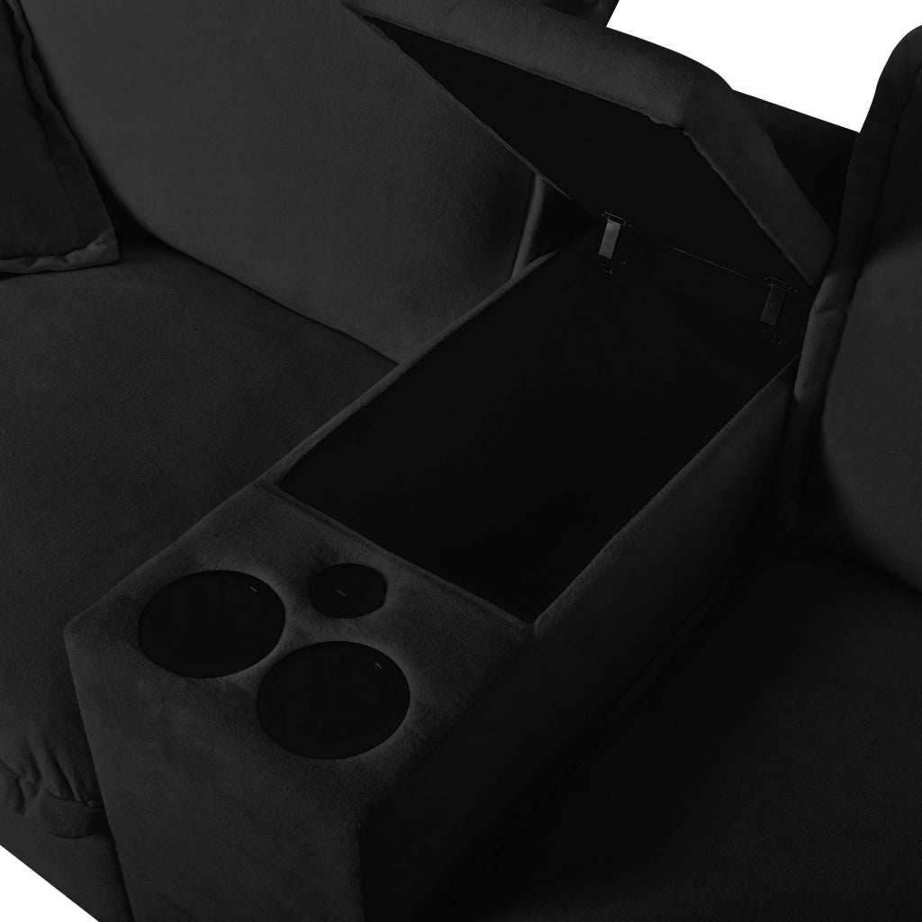 Divano Modulare a U con Ottomane, Contenitore, USB e Cuscini ¨C MINIMAL ¨C Chenille Nero