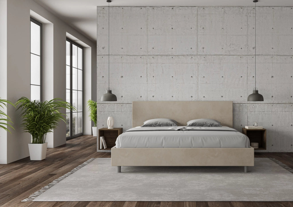 BS COM Letto matrimoniale king size contenitore imbottito 190x190 microfibra sabbia