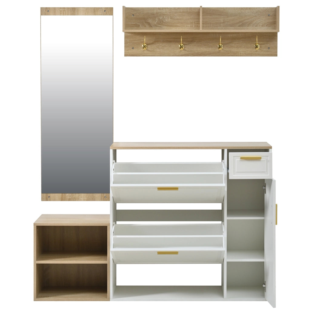 Set mobili ingresso 4 pezzi con scarpiera, panca, appendiabiti e specchio 139,5x35x166 cm HAVRYA