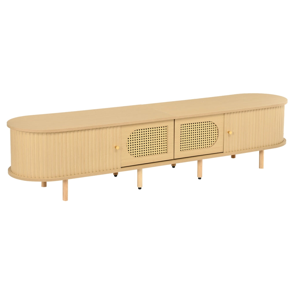 Mobile TV ULEVR 180x40x40 cm con 2 ante e 2 serrande scorrevoli, design rattan, MDF naturale