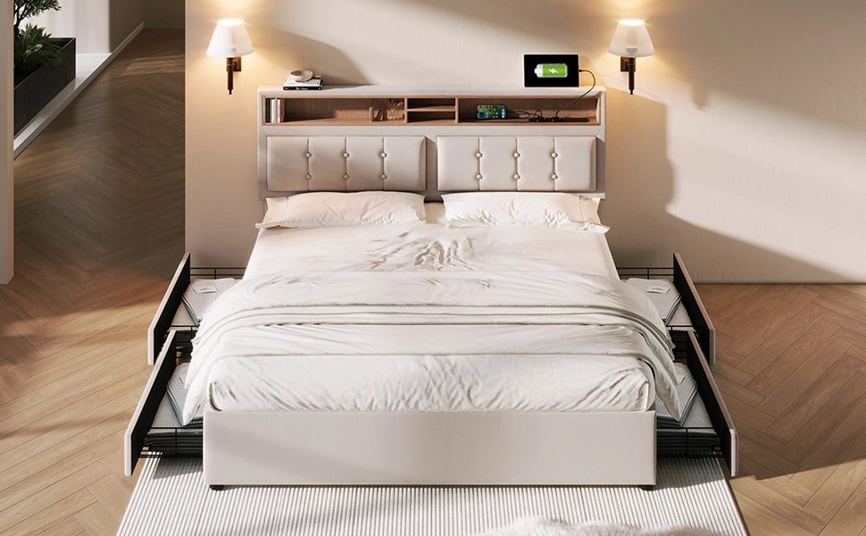 Letto matrimoniale imbottito 140 × 200 cm con 4 cassetti prese USB C testiera regolabile in lino beige