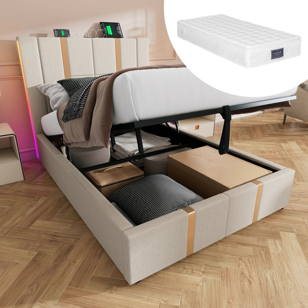 Letto singolo 90x200 contenitore beige con materasso