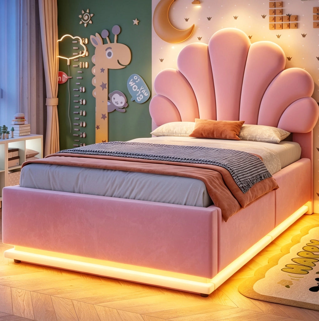 Letto imbottito 90 × 200 cm con contenitore idraulico e LED; velluto rosa