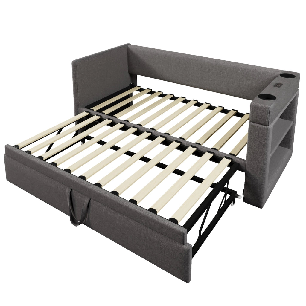 Letto singolo con letto estraibile 90x190 cm con USB-C e portabevande grigio HOMVRA
