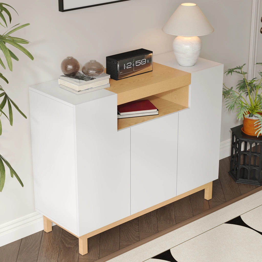 Credenza bianca con tre ante e vano centrale aperto; 120;5 cm; pannelli di particelle; effetto legno