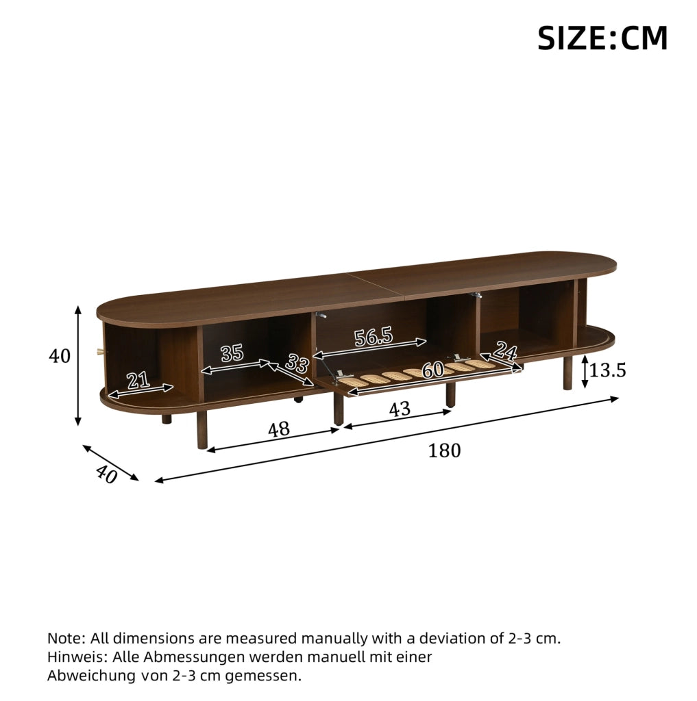 Mobile TV basso 180 cm noce con ante a serranda e rattan