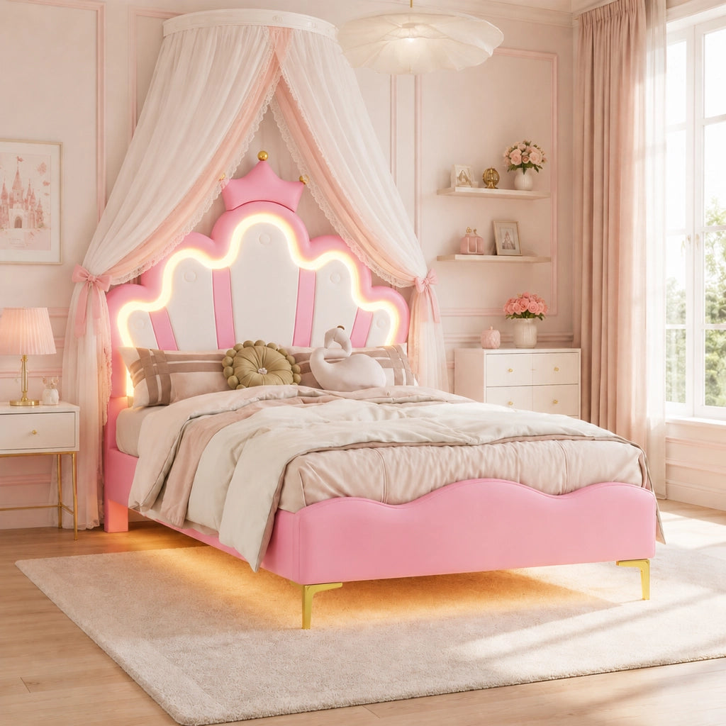 Letto Singolo bambina Imbottito 90x190 cm con LED; Letto Principessa Bambina con Testiera a Corona in Pelle PU e Rete a Doghe;Rosa; senza materasso