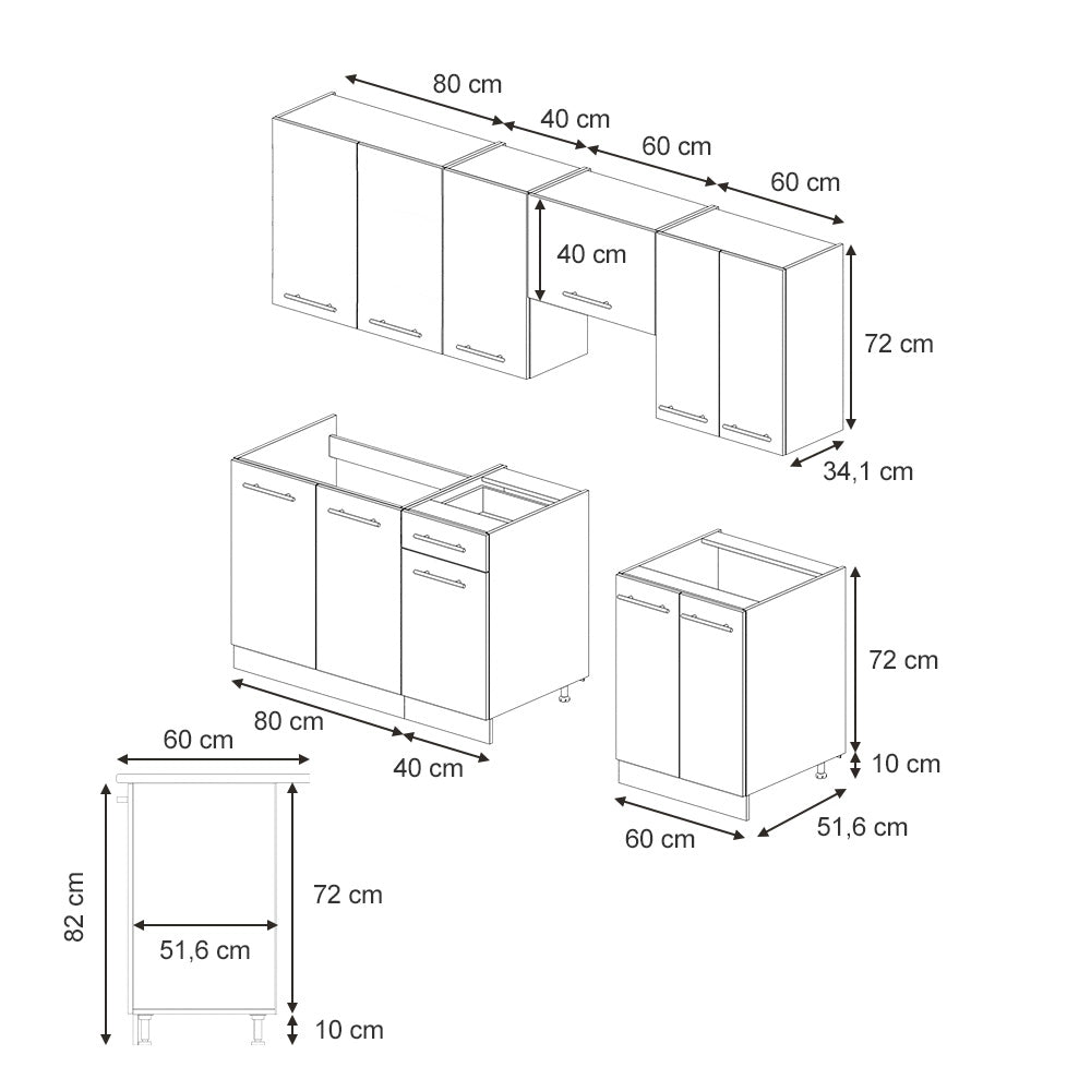Cucina componibile Fame-Line Nero rigato/Bianco 240 cm, PL Antracite Vicco
