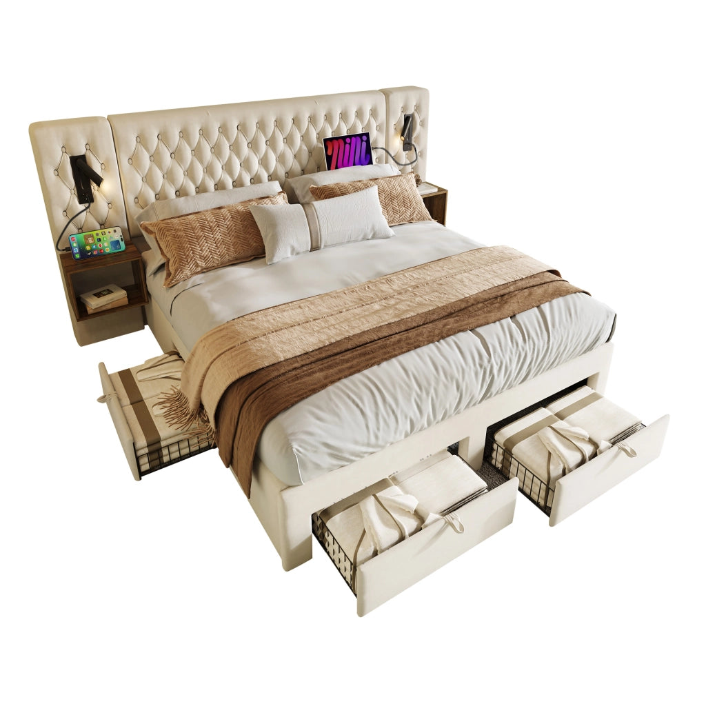 Set camera da letto completo, letto imbottito matrimoniale 160x200 cm con 2 comodini e 4 cassetti, velluto - Beige (senza materasso)