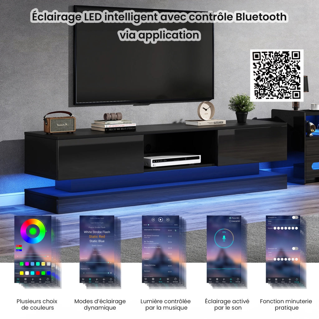 Mobile TV con LED multicolore via app; 2 cassetti; passacavi; nero lucido; 160 × 35 × 40.5 cm