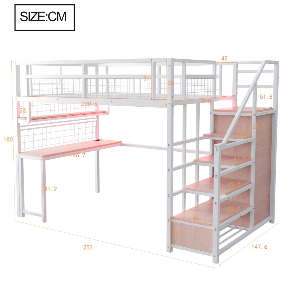 Letto a Soppalco 140x200 cm con Scrivania; Ripiano; LED; prese e rete in Metallo Bianco
