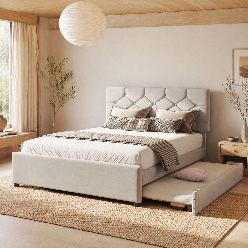 Letto imbottito 140x200 cm con rete e letto estraibile in velluto beige e MDF
