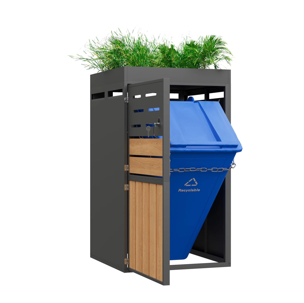 Armadio da esterno multifunzione in acciaio zincato con fioriera integrata, serratura e ventilazione a lamelle – senza contenitore per rifiuti, 66x80x128 cm