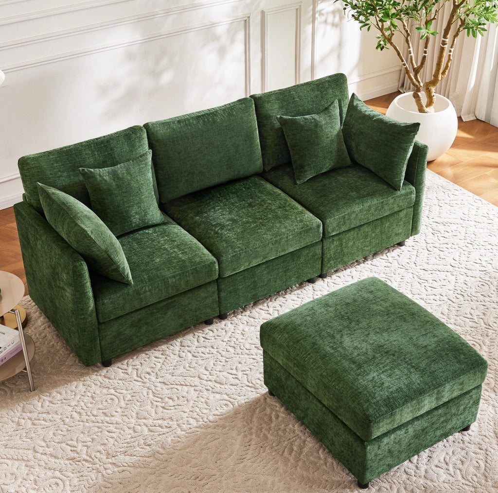 Divano angolare modulare a L con chaise longue e 4 cuscini in tessuto Chenille, 3 posti, colore verde, ideale per soggiorno e ufficio