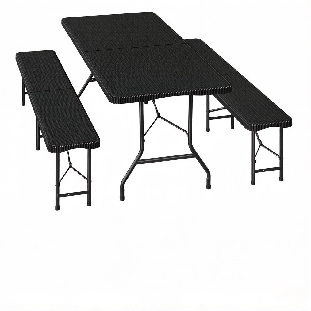 Set Mobili da Giardino Pieghevole per 8-10 Persone con Tavolo 180x74x70 cm e 2 Panche, Nero, Ideale per Esterno e Campeggio