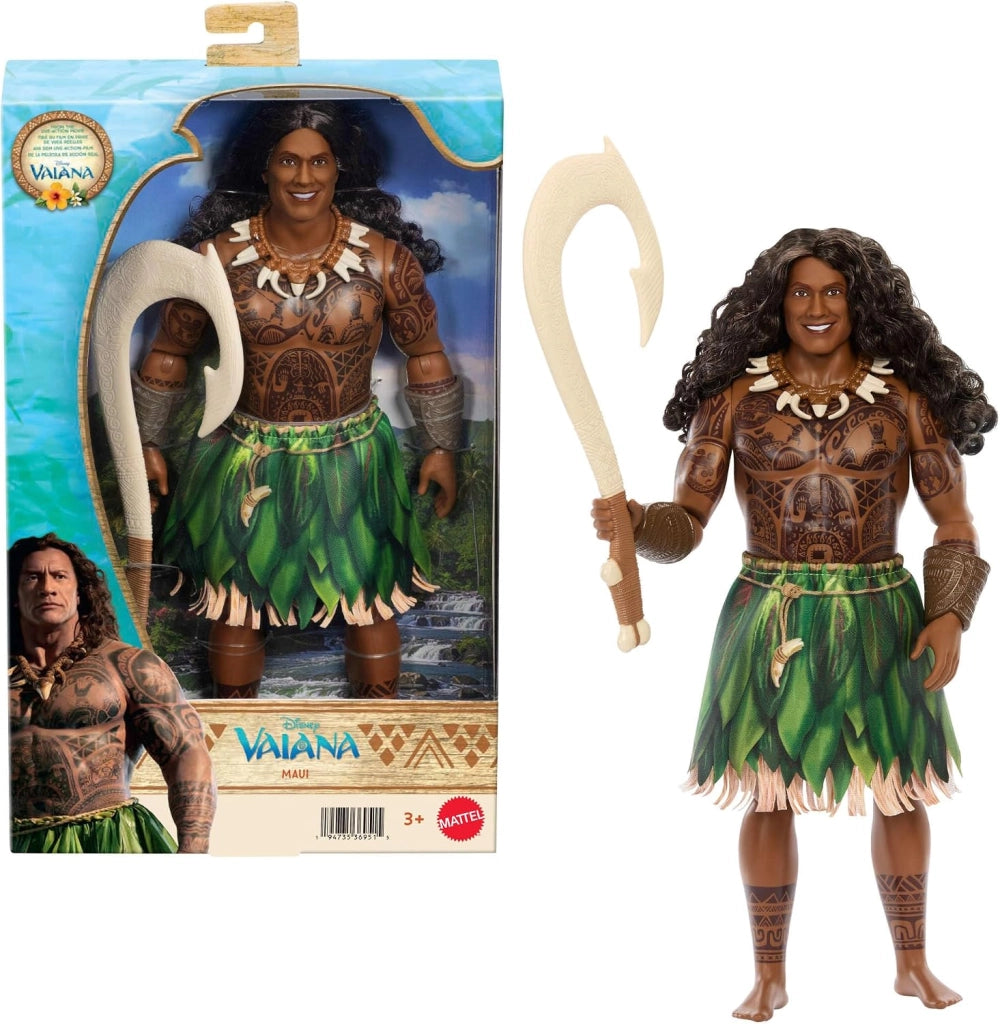 Disney Oceania Bambola Maui ispirata al film Abbigliamento rimovibile, capelli ricci, 4 accessori incluso amo da pesca,