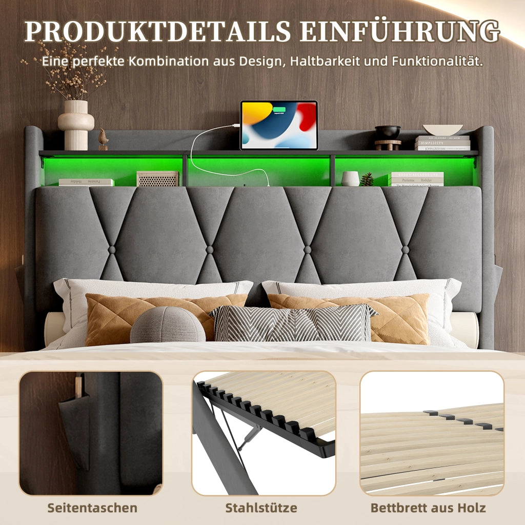 Letto matrimoniale contenitore 140 × 200 cm con LED USB e Type-C in velluto grigio scuro con testiera