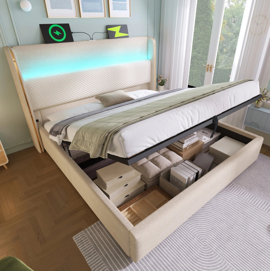 Letto matrimoniale 180x200 cm con contenitore; testiera alta in lino beige; LED; USB e matrasso