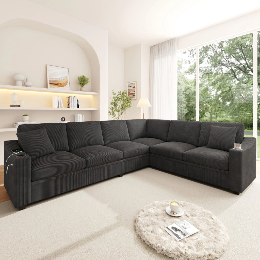 Divano angolare modulare a L 277x215 cm in tessuto corduroy grigio; 6-7 posti con 2 cuscini
