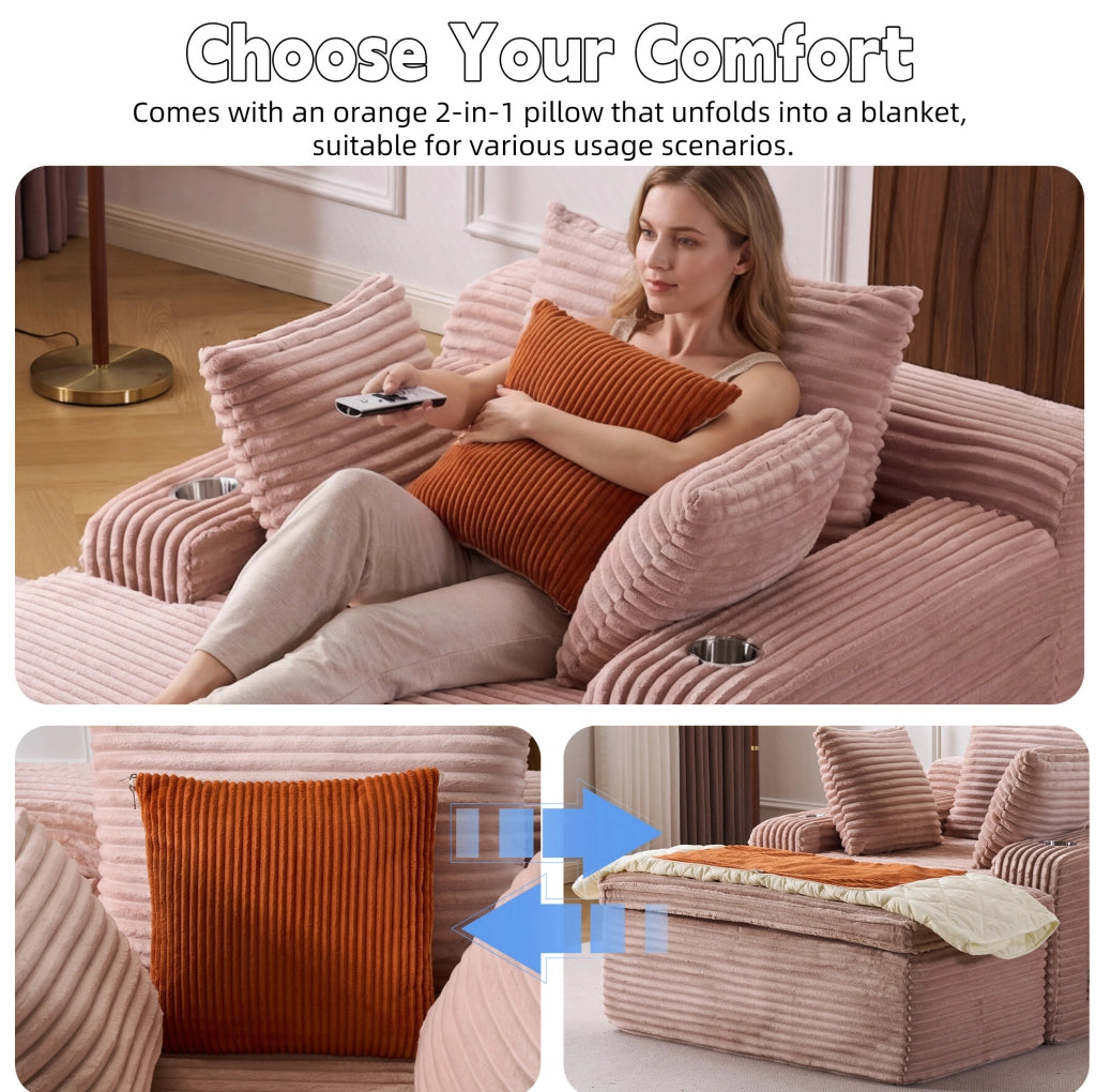 Divano letto moderno senza scheletro con chaise longue in velluto rosa, 3 cuscini e coperta inclusi, senza montaggio