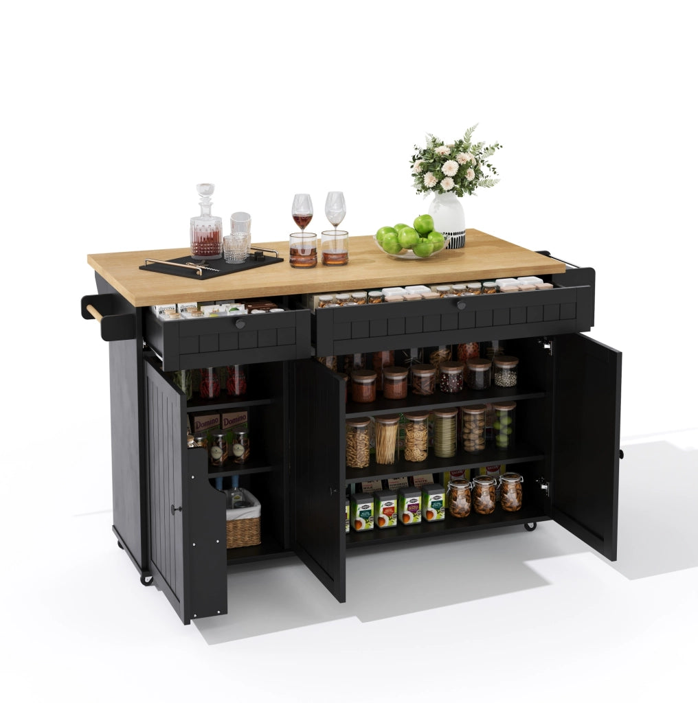 Isola da cucina mobile 137x70x89;5 cm con piano pieghevole in MDF nero e naturale
