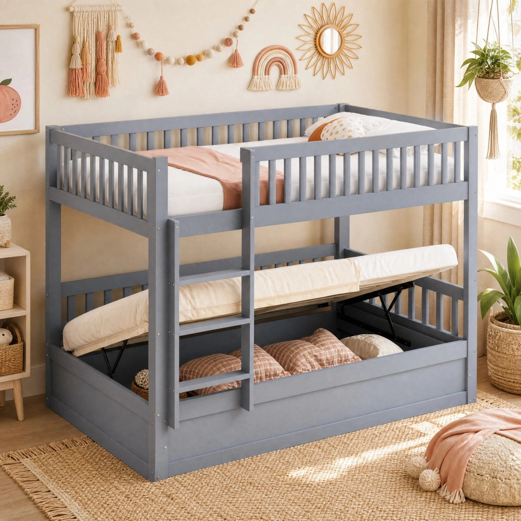 Letto a castello per bambini 90 × 200 cm con vano contenitore idraulico in legno grigio e scala