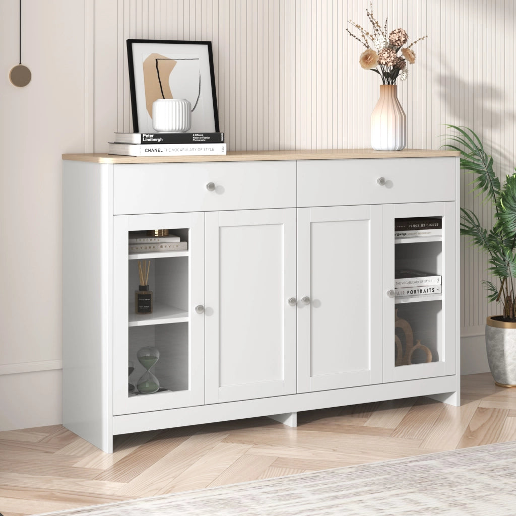 Credenza rustica 4 ante, 2 cassetti e ripiani regolabili per soggiorno, MDF bianco e legno, 120 × 37 × 80 cm