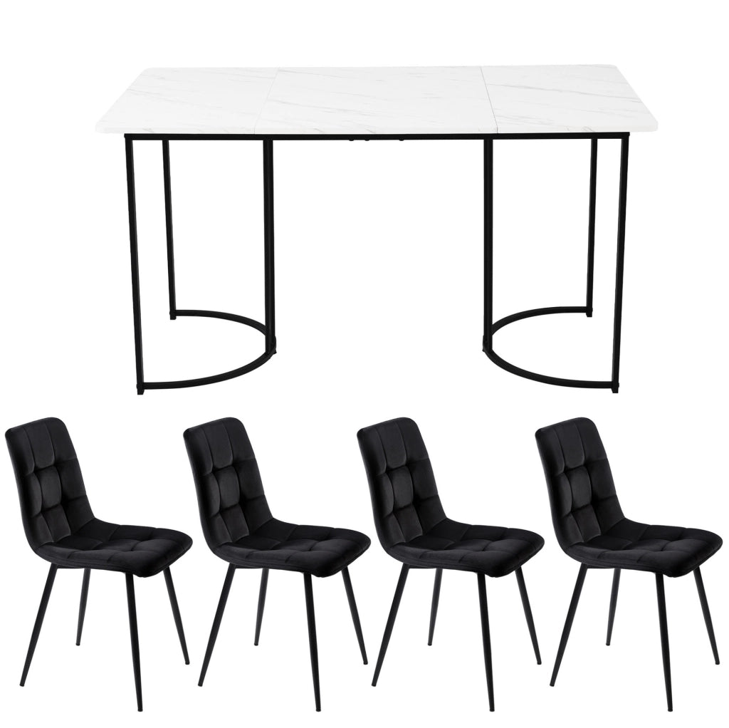 Set tavolo da pranzo 140x80 cm con 4 sedie in velluto nero; piano MDF bianco effetto marmo