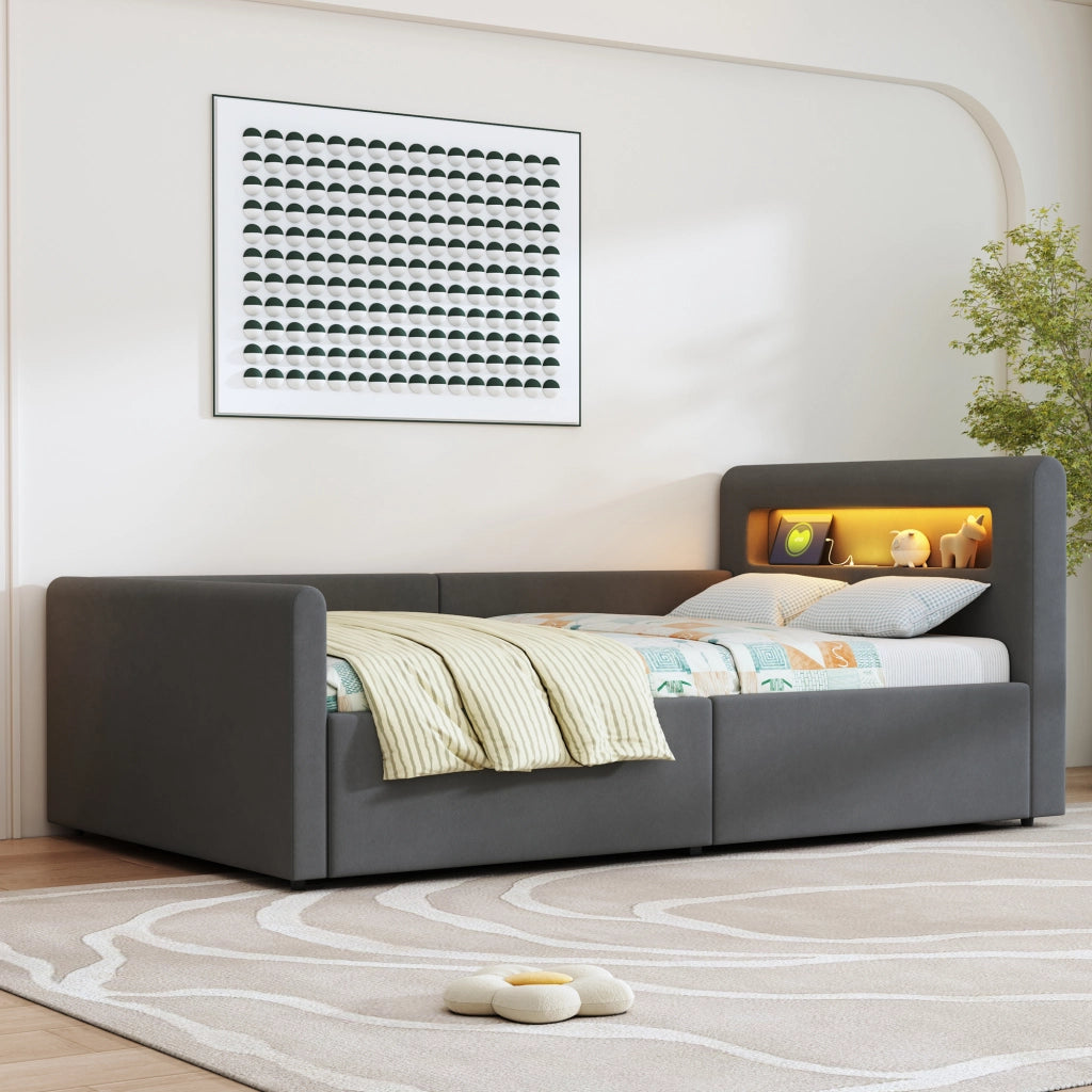 Letto per bambini imbottito 90 × 200 cm con luci LED porta USB vano idraulico velluto grigio