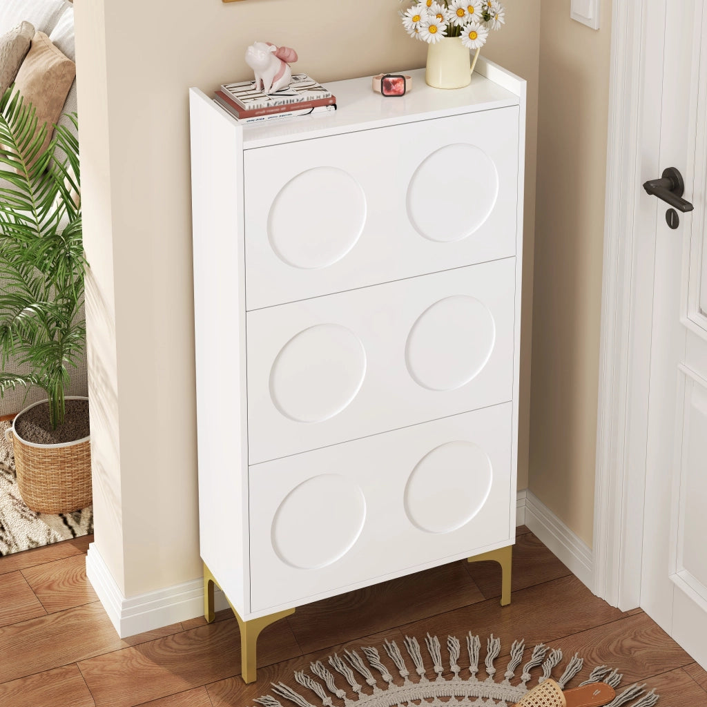 Scarpiera verticale salvaspazio a tre livelli in MDF bianco con gambe in metallo dorato, per ingresso 63 × 24 × 120 cm