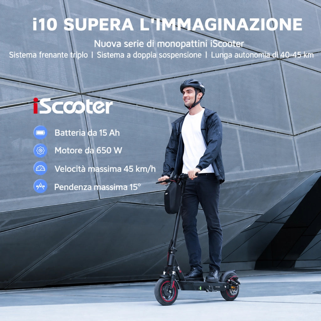 Monopattino Elettrico i10 650W; Batteria 42V 15Ah; Autonomia 40-45 km; Pneumatici da 10"; Doppia Sospensione; Triplo Sistema Frenante; Controllo APP