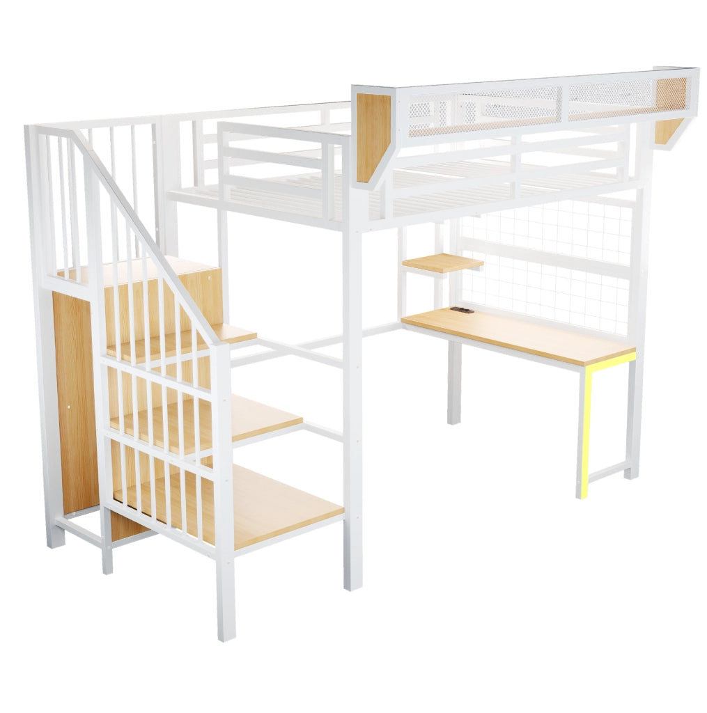 Letto a soppalco in metallo 90x200 cm con scrivania; scaffali; LED e prese; bianco
