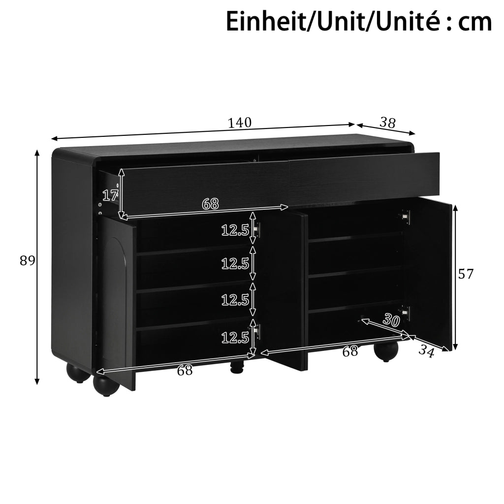 Sideboard moderno per soggiorno con ante curve, mobile contenitore in PB e MDF, piedi rotondi in metallo