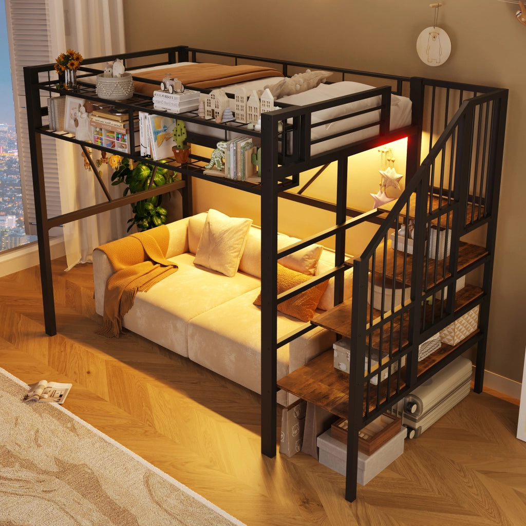 Letto a soppalco 90x200 cm in metallo e MDF, con ripiani a gradini, vano aperto, LED, nero
