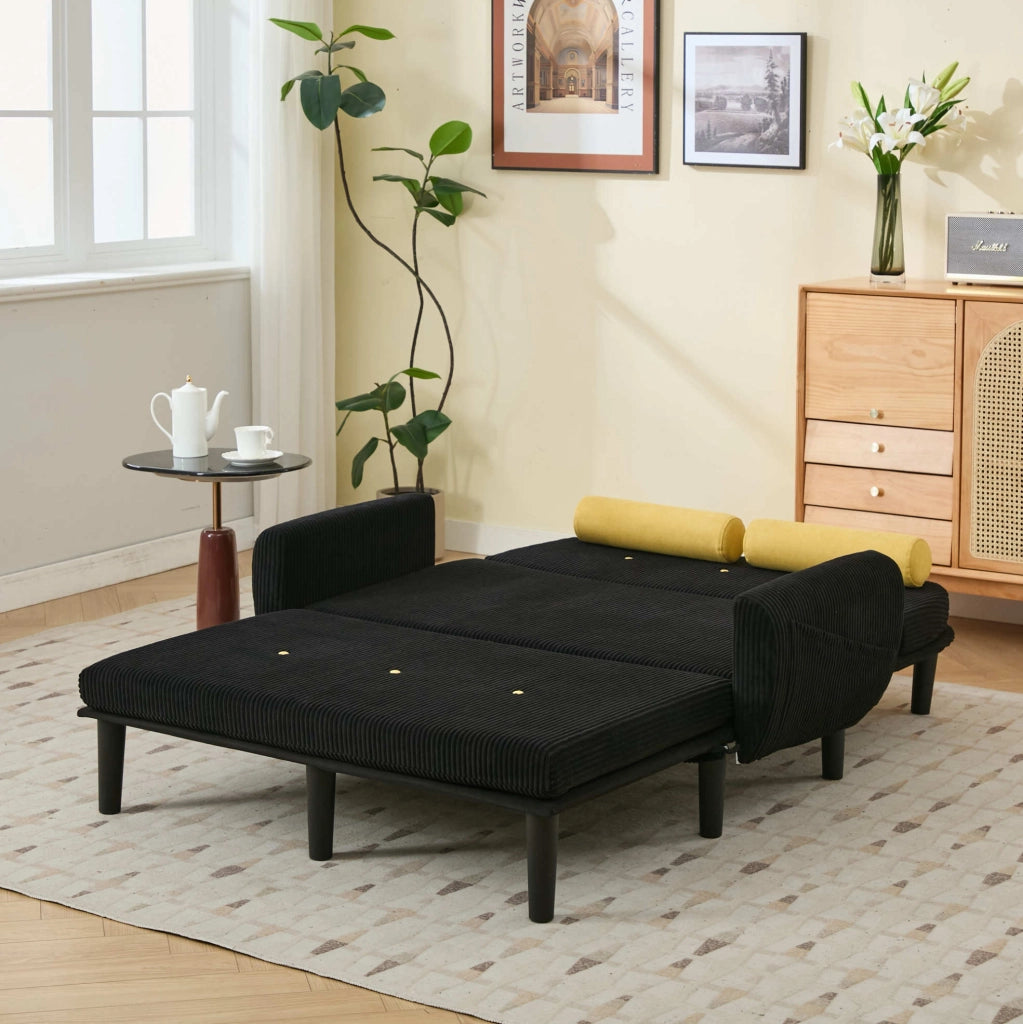 Divano Loveseat nero in velluto con struttura in metallo, schienale regolabile e cuscini cilindrici