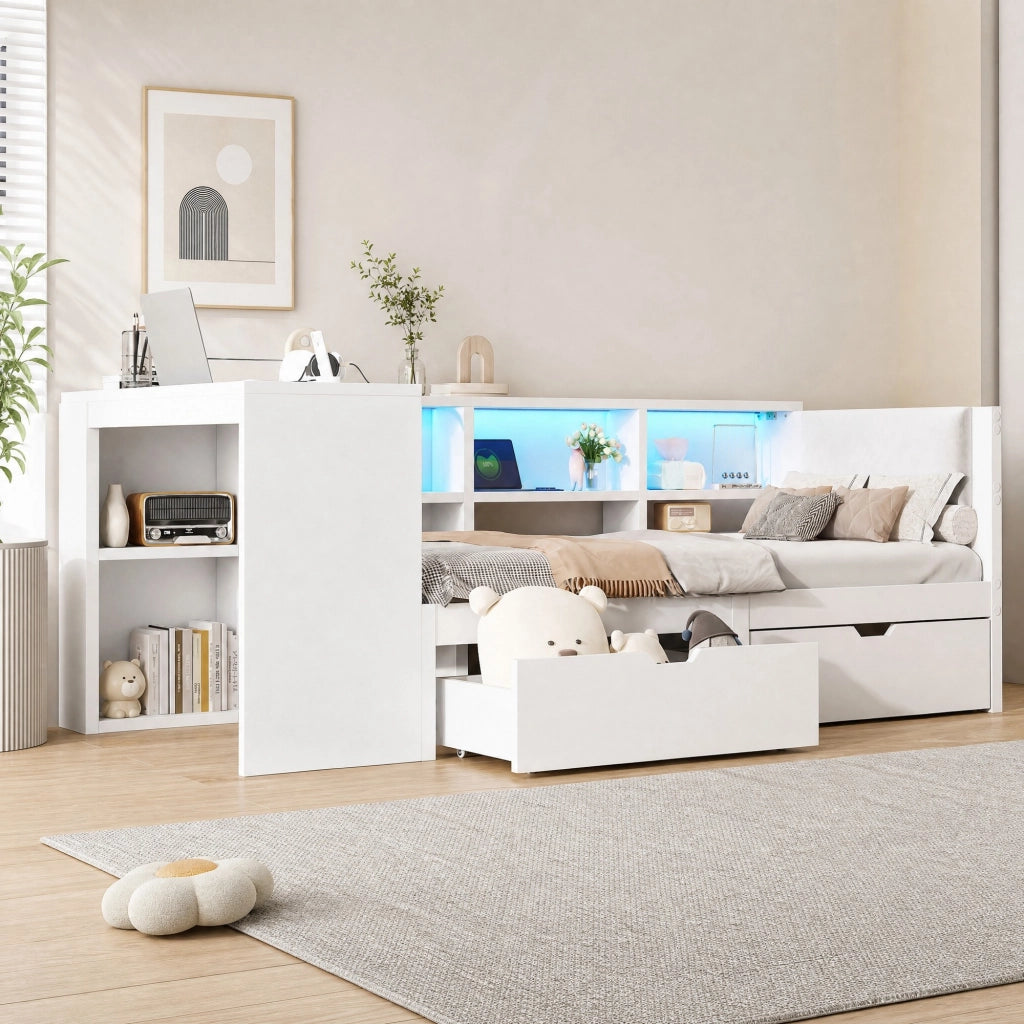 Letto piattaforma 90 x 200 cm con cassetti, prese USB e LED